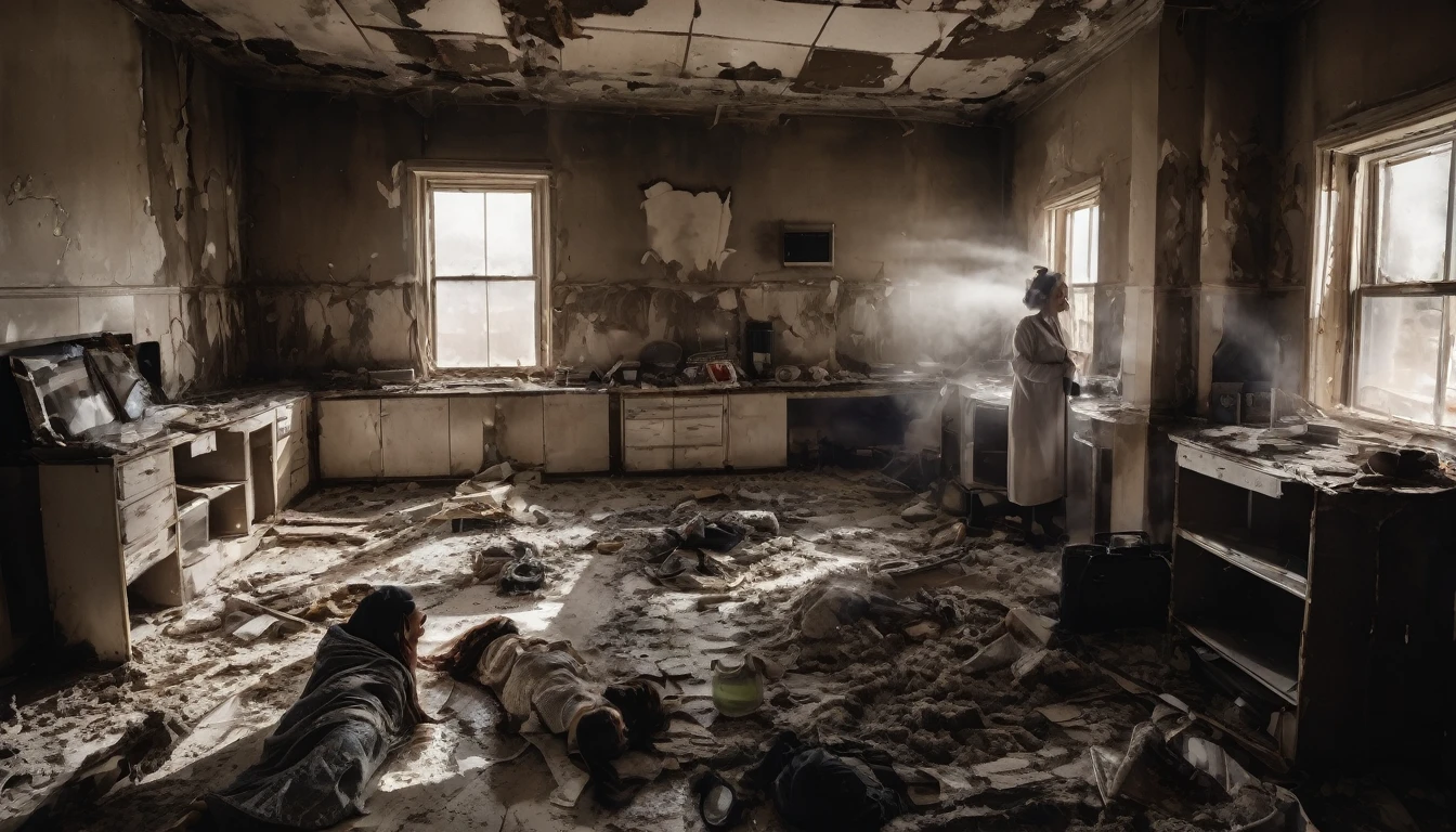 Description for highly realistic image:
Show the same woman in the final moment of childbirth, with an expression of exhaustion and imminent relief. She's making the last effort, with closed eyes and clenched teeth. Your hand holds your companion's hand, now with an expression of support and hope.
foreground:
The room is in complete chaos, with equipment knocked over and a strong light shining directly on the woman. Shadows are deep and dramatic, accentuating the intensity of the moment.
Second plan:
Healthcare professionals are focused and working frantically, with expressions of determination and urgency. The cracks in the walls are getting bigger, and parts of the ceiling appear to be collapsing.
fund:
The apocalyptic scenario is completely visible, with burning buildings, explosions and a violent storm in the sky. The strong, relentless light illuminates the scene in an almost surreal way..
Camera:
dslr, lente 24-70mm f/2.8, 1/125 sec, f/8, ISO 800.