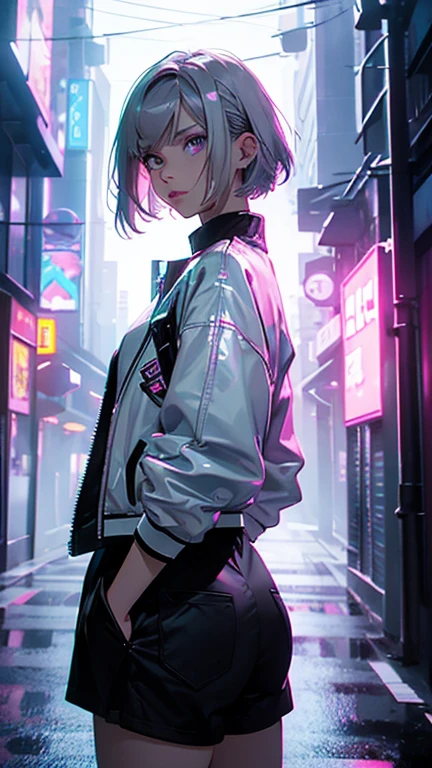 (ultrarealistic, high resolution, Best Quality, 4k, professional, cowboy shot), an image of a full character in a neon lit area, beauty eyes, sharp eyes. Your Asymmetrical Pixie Hairstyle, silver hair, short hair, And the left-facing bangs with red highlights make her stand out... in the fluorescent white jacket, fluorescent white short shirt and black shorts, Chinapunk, cryptic academy, album covers, urban landscape, light purple and white, Right now