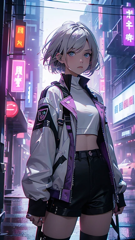 (ultrarealistic, high resolution, Best Quality, 4k, professional, cowboy shot), an image of a full character in a neon lit area, beauty eyes, sharp eyes. Your Asymmetrical Pixie Hairstyle, silver hair, short hair, And the left-facing bangs with red highlights make her stand out... in the fluorescent white jacket, fluorescent white short shirt and black shorts, Chinapunk, cryptic academy, album covers, urban landscape, light purple and white, Right now