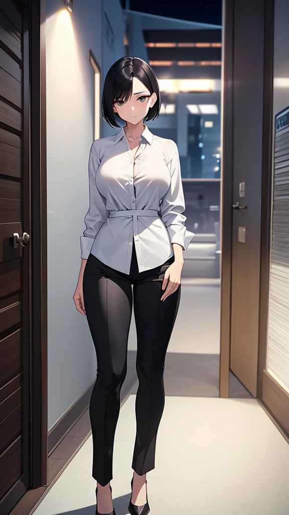 A young woman with shoulder length short black hair, grey eyes, medium sized breasts, medium sized hips. She is wearing a white dress shirt and black pants. She is looking at the viewer, and her easy expression is sensual. Full body. The setting is a luxurious place at night.