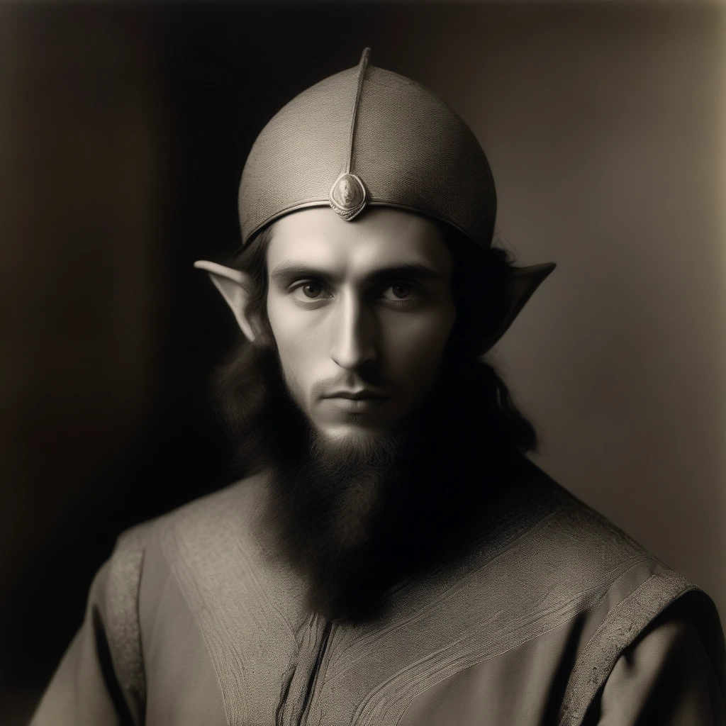 (((Masterpiece, daguerreotype on old paper, monochrome))), by Moebius, by Théodore Géricault, the composition is: ((25 year old male Babylonian high elf scientist, elf ears, Mesopotamian beard, sullen, arrogant, magnificent, he is wearing futurist brass art déco costume)).

