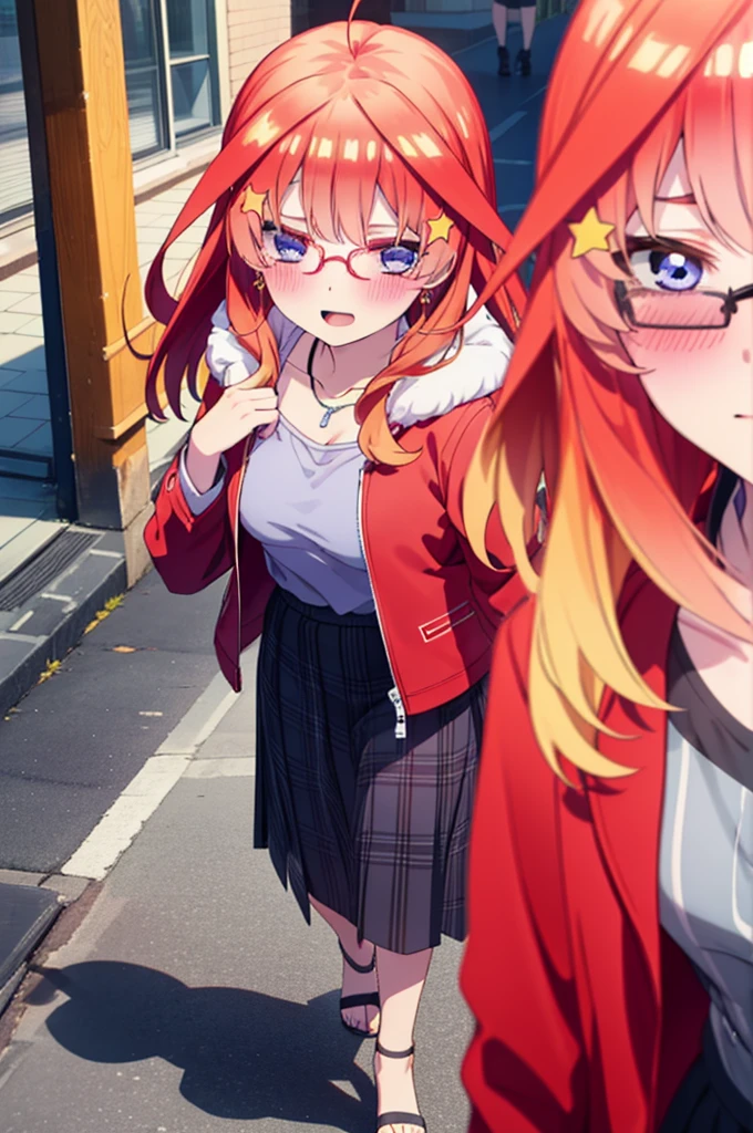itsukinakano, itsuki nakano, bangs, blue eyes, Hair between the eyes, Ahoge, Redhead, star \(symbol\), hair ornaments, star hair ornaments,Glasses,smile,blush,Open your mouth,Red jacket, (Checked fur jacket: 1.2), Checked skirt, Heeled Sandals, necklace, Handbags, Earrings,Walking,Daytime,Clear skies,whole bodyがイラストに入るように,
break outdoors, ビル街
break looking at viewer, whole body,
break (masterpiece:1.2), Highest quality, High resolution, unity 8k wallpaper, (figure:0.8), (Beautiful attention to detail:1.6), Highly detailed face, Perfect lighting, Highly detailed CG, (Perfect hands, Perfect Anatomy),