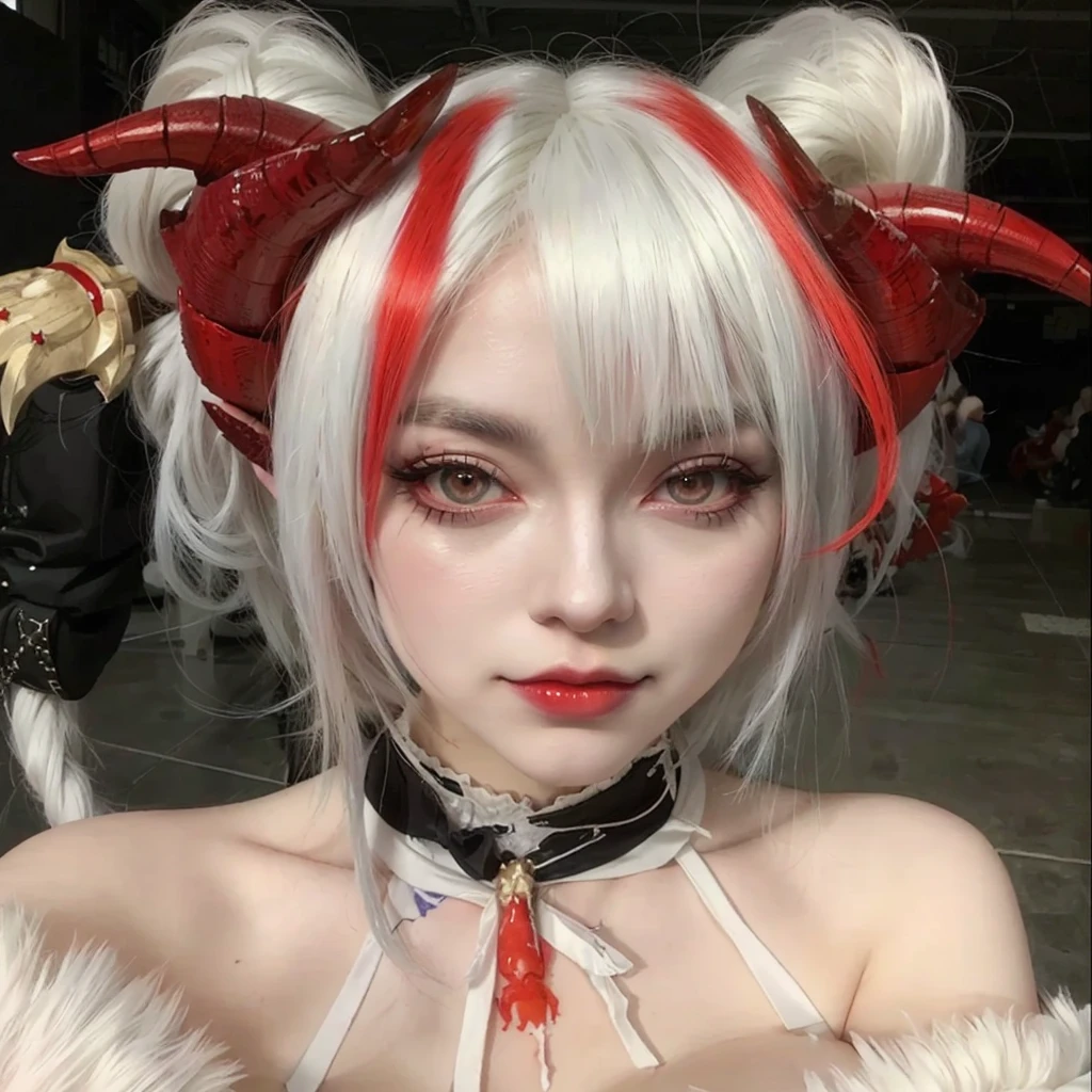 there is a woman with white hair and red horns on her head, Cosplay de garota de anime, cosplay de anime, white horned queen demon, anime-inspired, mika kurai demon, white hime cut hairstyle, ahegao, anime girl in real life, cosplay, cosplayer dressed as a crab, professional cosplay, tifa lockhart with white hair, demon anime girl, shikamimi