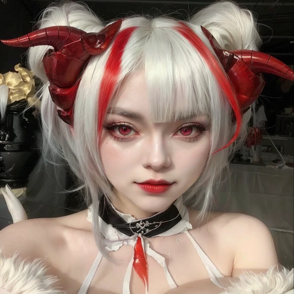 there is a woman with white hair and red horns on her head, Cosplay de garota de anime, cosplay de anime, white horned queen demon, anime-inspired, mika kurai demon, white hime cut hairstyle, ahegao, anime girl in real life, cosplay, cosplayer dressed as a crab, professional cosplay, tifa lockhart with white hair, demon anime girl, shikamimi