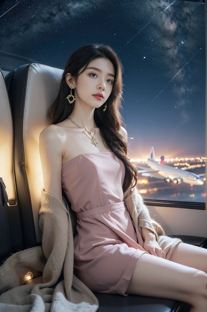 (((best quality))),(((ultra detailed))),(((masterpiece))),illustration,(a beautiful girl,female passenger,solo),(parted red lips),((slim,thin,small breasts,flat chest)),((earrings,crystal necklace)),(slender legs:1.2),summer night,((in airplane,economy class,indoor)),(blanket over shoulders:1.3),((dress)),(shoulder length straight bob hair:1.2),stars,moonlight,smooth flight,engine sound,lullaby,relaxed,excited,laughing,visiting family,comfortable seats,soft fabric,headrests,adjustable,beauty of night sky,dimmed lights,sleeping passengers,movies,personal screens,staying awake,magic of sky,joy of being with family,memorable journey,adventures,(surrounded by crowded crowds:1.3),(Outside the window is high-altitude night view:1.2),((sitting,from front,full body)),(arms behind back:1.3),(spread legs apart:1.3)
