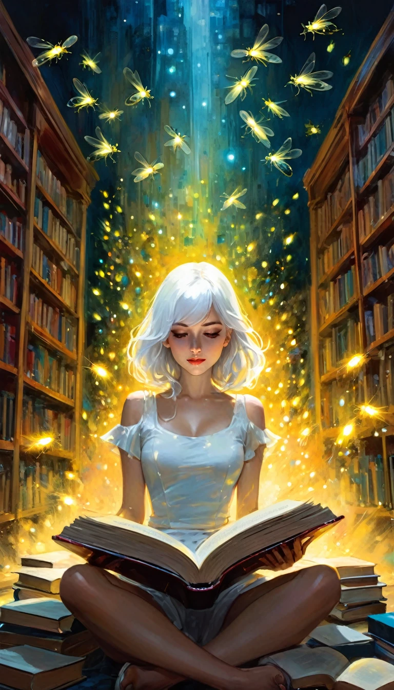 (((Best quality))), (((Ultra detailed))), ((((vivid)))), large library, books, ((particles, fireflies come out of an open book)), nostalgia, fantasy, 1 girl, white hair, sexy (art inspired by Bill Sienkiewicz). oil painting)
