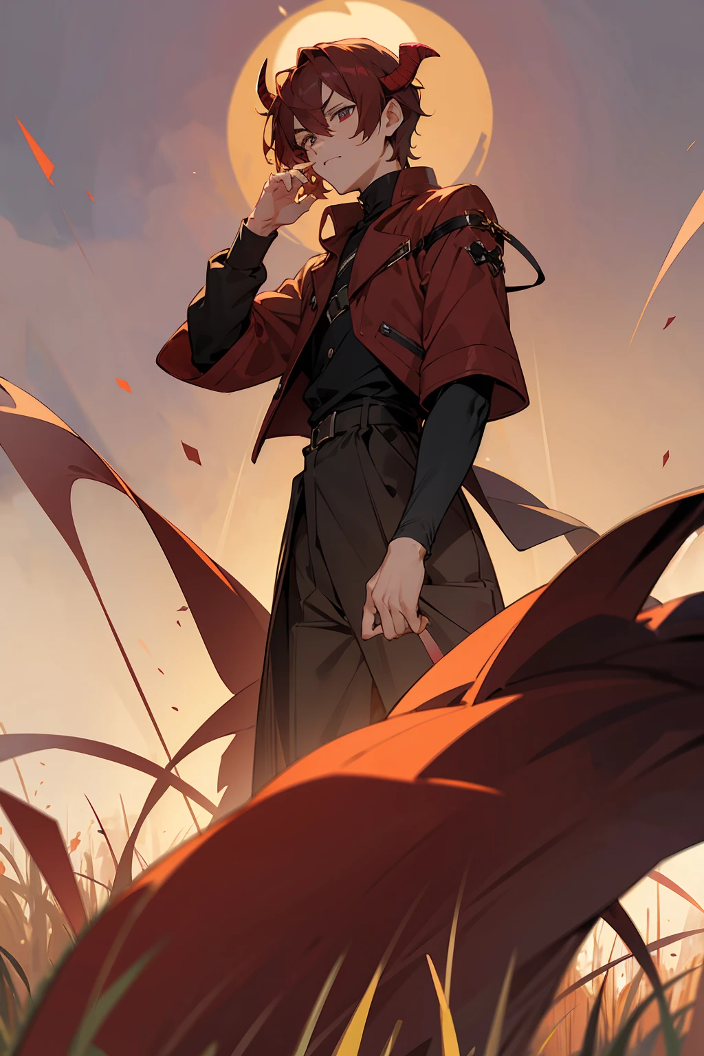1male, Male, Short Maroon Fluffy Hair, Hazel Eyes, Perfect Generation, Masterpiece Quality, serious expression, Standing in a Field, Demon Horns