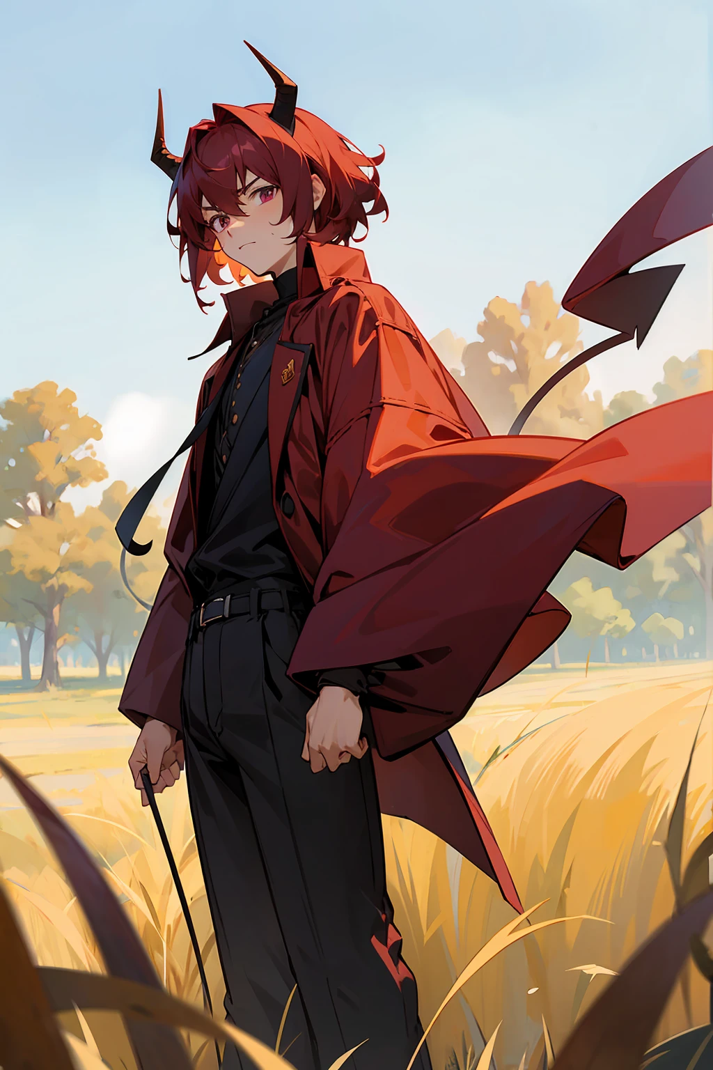 1male, Male, Short Maroon Fluffy Hair, Hazel Eyes, Perfect Generation, Masterpiece Quality, serious expression, Standing in a Field, Demon Horns