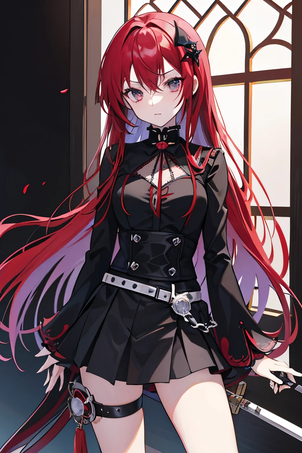 Gothic Shyness Girl Camera ownership Red hair Side Tail Curious Belt on torso Black hood Japanese anime hand drawn illustration, armata di falce, cimitero sullo sfondo, piccoli teschi di fumo aleggiano nell'aria, lei ha un'aria soddisfatta, gli occhi brillano