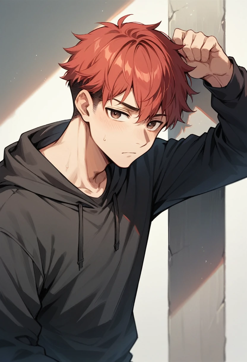 A teenage boy with red hair, Brown eyes, dressed in a black sweatshirt 