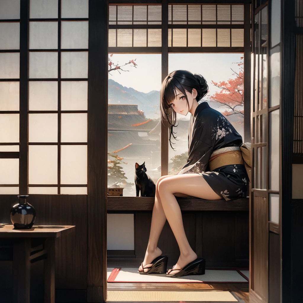 Girl with a cat, Ink Painting, In the tranquility of a traditional Japanese room, A girl wearing a kimono is sitting upright, Her eyes were fixed on the black cat that was perched on the window pane.. , Panoramic View, 8K,((masterpiece:1.4, Highest quality)), Black Hair, Brown eyes, (Depth of written boundary:1.3), Lower Body, High quality scenes, Vivid and photorealistic, Super detailed, 8K, masterpiece, elegant, Beautiful summer sky, Warm atmosphere, Clear lines, Official Art, Professional, Ultra high definition