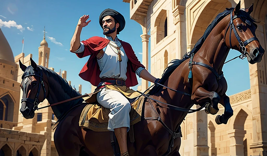 Medieval Arab man riding a horse, raising his hand