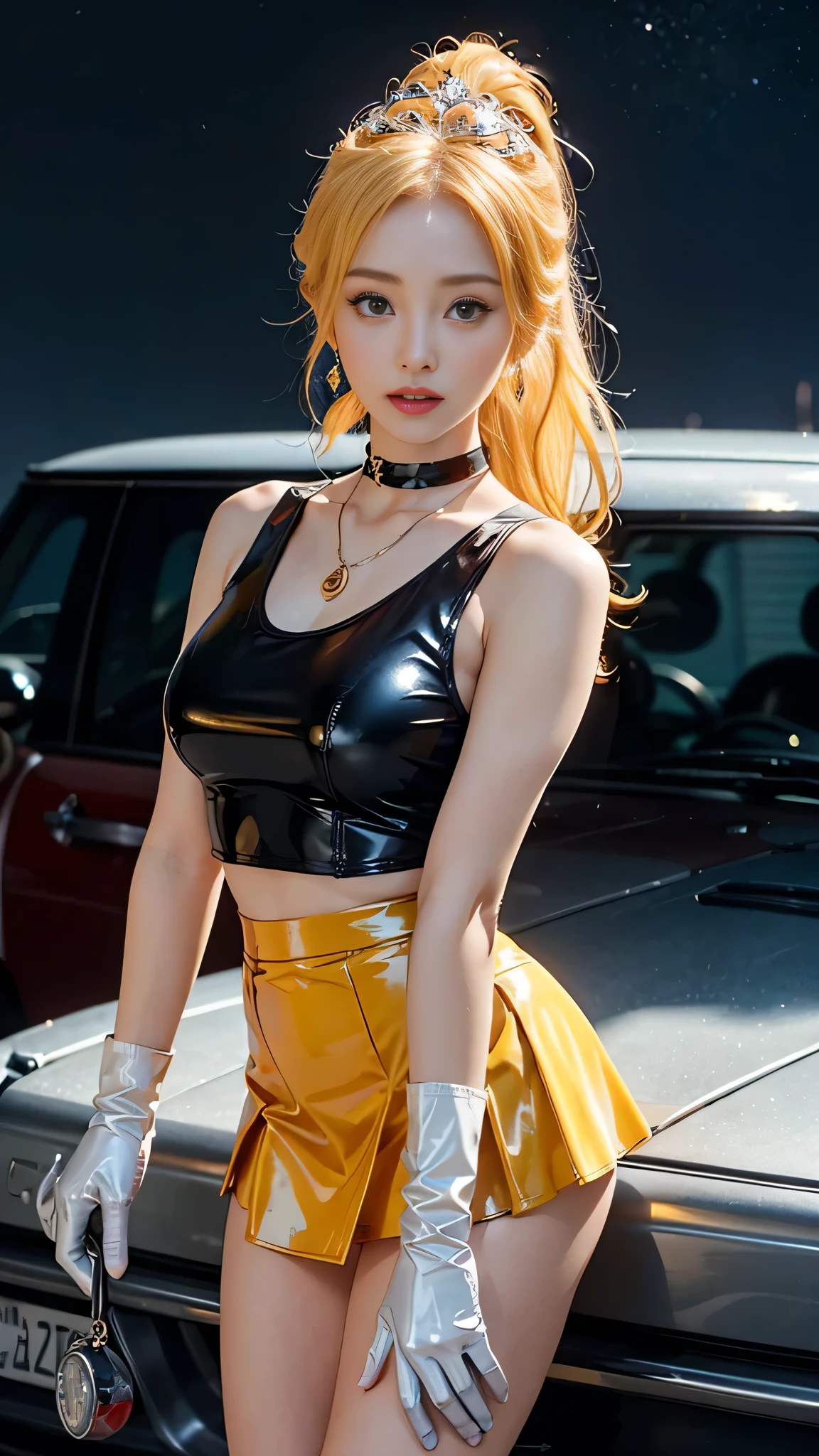 ((masterpiece:1.4)、(Highest quality:1.4)、(Realistic:1.7))、Masterpiece:1.4、(Top-notch rendering:1.4)、beautiful girl、(Beautiful girl Sailor Moon 2:1.7)、MoonWild Rabbit、(Body Fit Sexy Sailor Warrior Uniform:1.4)、(Shiny latex:1.7)、(The jacket is a white sleeveless sailor suit....:1.4)、(Skirt Blue Sexy Ultra Ultra Pleated Mini Skirt:1.4)、The sailor suit collar has two thin blue lines...............:1.2、High leg swimsuit、Red cloth decoration on chest:1.2、(Wearing white gloves)、Cute Girl、Super Beauty、Sharp Focus、Portrait Photography:1.4、8K、Photorealistic images:1.4、(Perfect female body:1.4)、Perfect proportions、(Upper body shot:1.4)、Beautiful Face、Beautiful Eyes、(Narrow waist:1.4)、(9-body proportions beautiful girl:1.4)、(A beautiful girl with long legs and a good figure:1.4)、Beautiful feet:1.2、(Yellow Hair:1.4)、(Long Hair:1.2)、(ponytail:1.2)、Beautiful breasts、Large Breasts:1.2、sexy ass、Raw photo、Red lips、Red high heels:1.4、choker:1.4、necklace:1.4、Earrings:1.4、Gorgeous golden tiara:1.4、1 Screen Display:1.4、moon、universe、spaceship、Universe Station、City of the Future