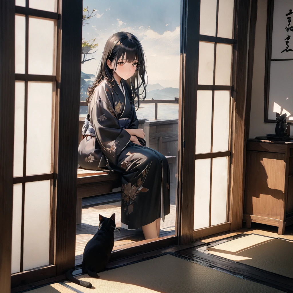 Girl with a cat, Ink Painting, In the tranquility of a traditional Japanese room, A girl wearing a kimono is sitting upright, Her eyes were fixed on the black cat that was perched on the window pane.. , Panoramic View, 8K,((masterpiece:1.4, Highest quality)), Black Hair, Brown eyes, (Depth of written boundary:1.3), Lower Body, High quality scenes, Vivid and photorealistic, Super detailed, 8K, masterpiece, elegant, Beautiful summer sky, Warm atmosphere, Clear lines, Official Art, Professional, Ultra high definition
