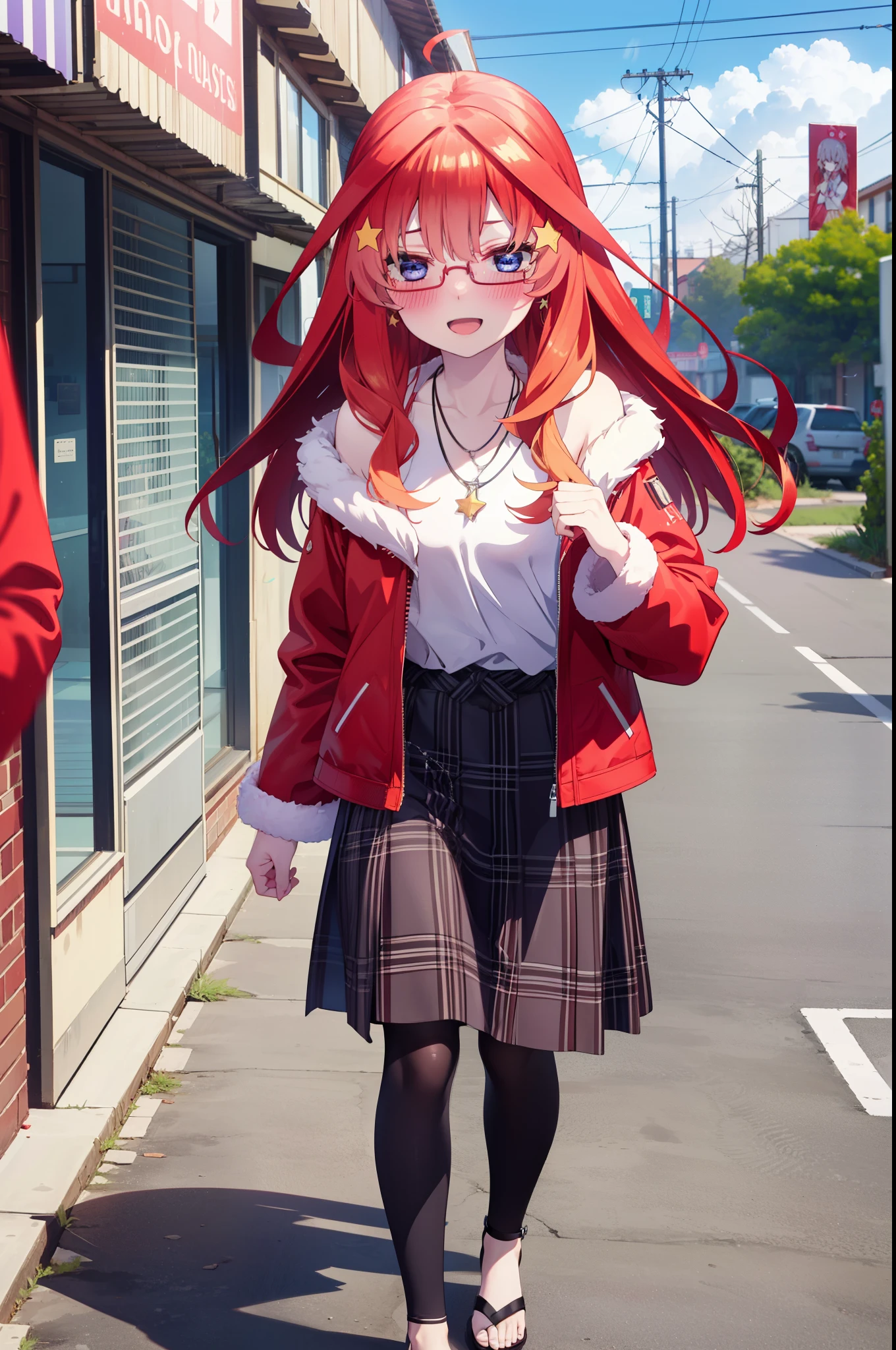 itsukinakano, itsuki nakano, bangs, blue eyes, Hair between the eyes, Ahoge, Redhead, star \(symbol\), hair ornaments, star hair ornaments,Glasses,smile,blush,Open your mouth,Red jacket, (Checked fur jacket: 1.2), Checked skirt, Heeled Sandals, necklace, Handbags, Earrings,Walking,Daytime,Clear skies,whole bodyがイラストに入るように,
break outdoors, ビル街
break looking at viewer, whole body,
break (masterpiece:1.2), Highest quality, High resolution, unity 8k wallpaper, (figure:0.8), (Beautiful attention to detail:1.6), Highly detailed face, Perfect lighting, Highly detailed CG, (Perfect hands, Perfect Anatomy),
