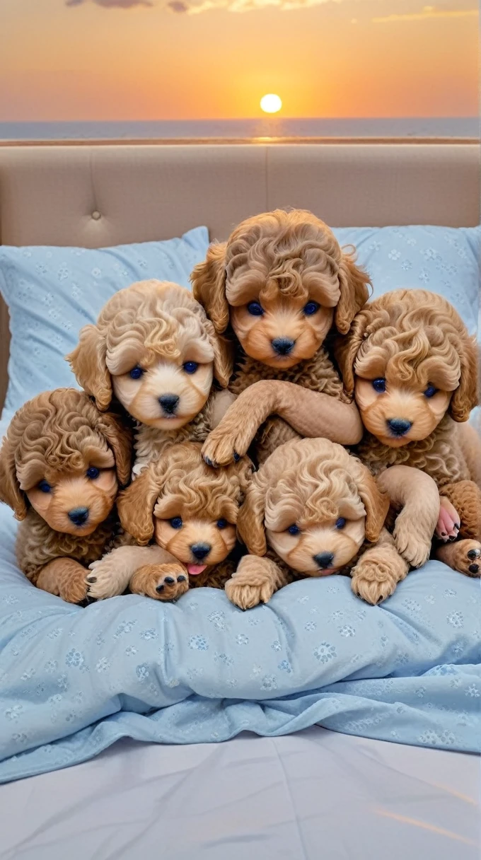 With the sunset in the background,(masterpiece:1.2, high quality), Five toy poodle puppies sleeping snuggled up together in bed、