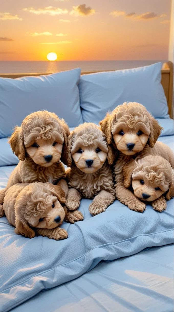 With the sunset in the background,(masterpiece:1.2, high quality), Five toy poodle puppies sleeping snuggled up together in bed、