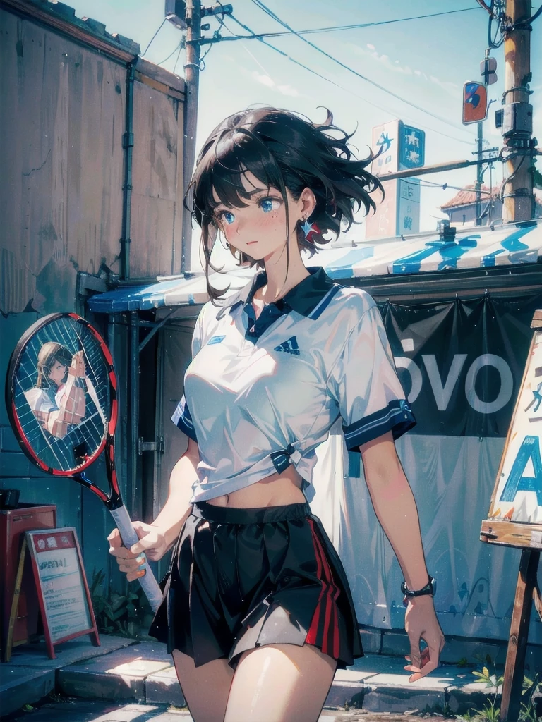 absurdres, RAW photo, extremely delicate and beautiful, masterpiece, Best Quality, ultra high resolution, 32k, hyperrealistic, ultra-detailed, in her 20s, delicate facial features, tearful mole, earring, medium breasts, full body shot, shorter middle hair, black hair, tennis uniform, shirt, shorts,