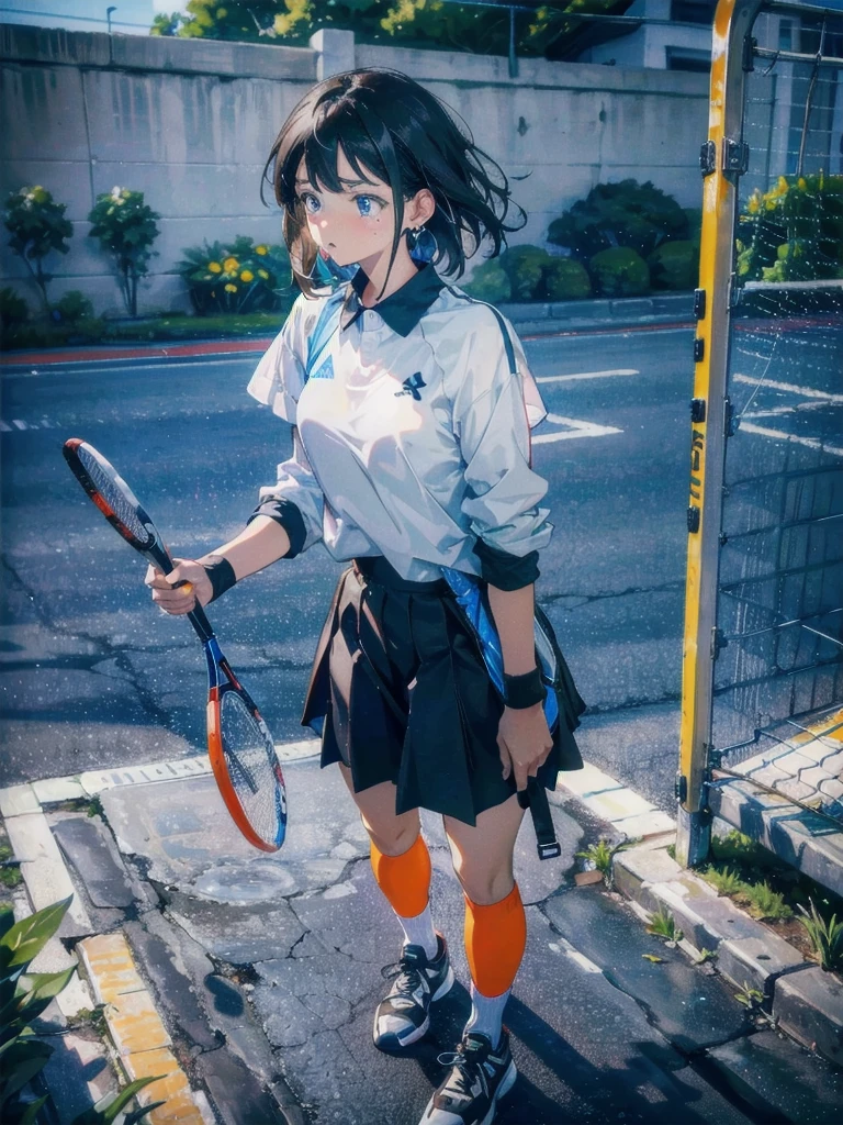 absurdres, RAW photo, extremely delicate and beautiful, masterpiece, Best Quality, ultra high resolution, 32k, hyperrealistic, ultra-detailed, in her 20s, delicate facial features, tearful mole, earring, medium breasts, full body shot, shorter middle hair, black hair, tennis uniform, shirt, shorts,