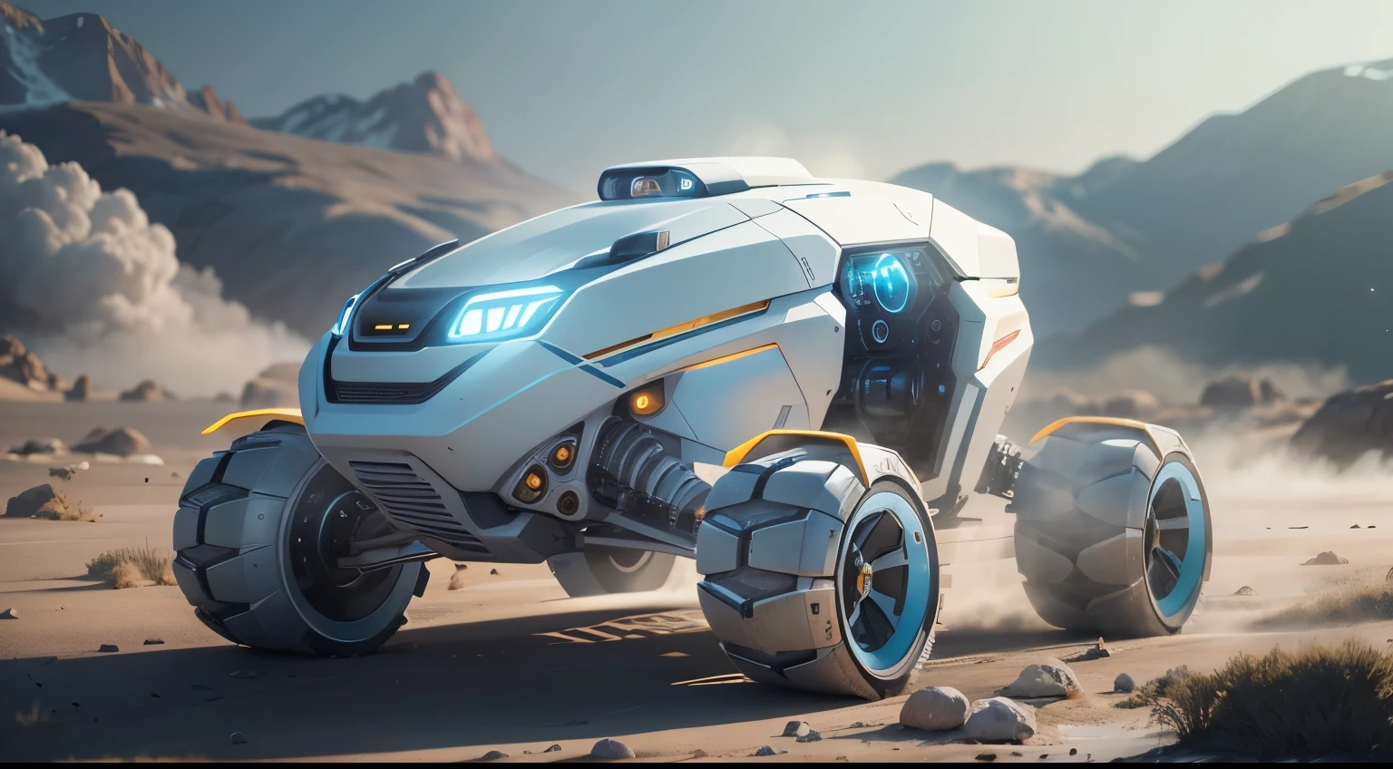 amazing awesome futuiristic sci fi rover , amazing lighting, Pure white technology style, varying styles, exterior shot taken in scenic environment