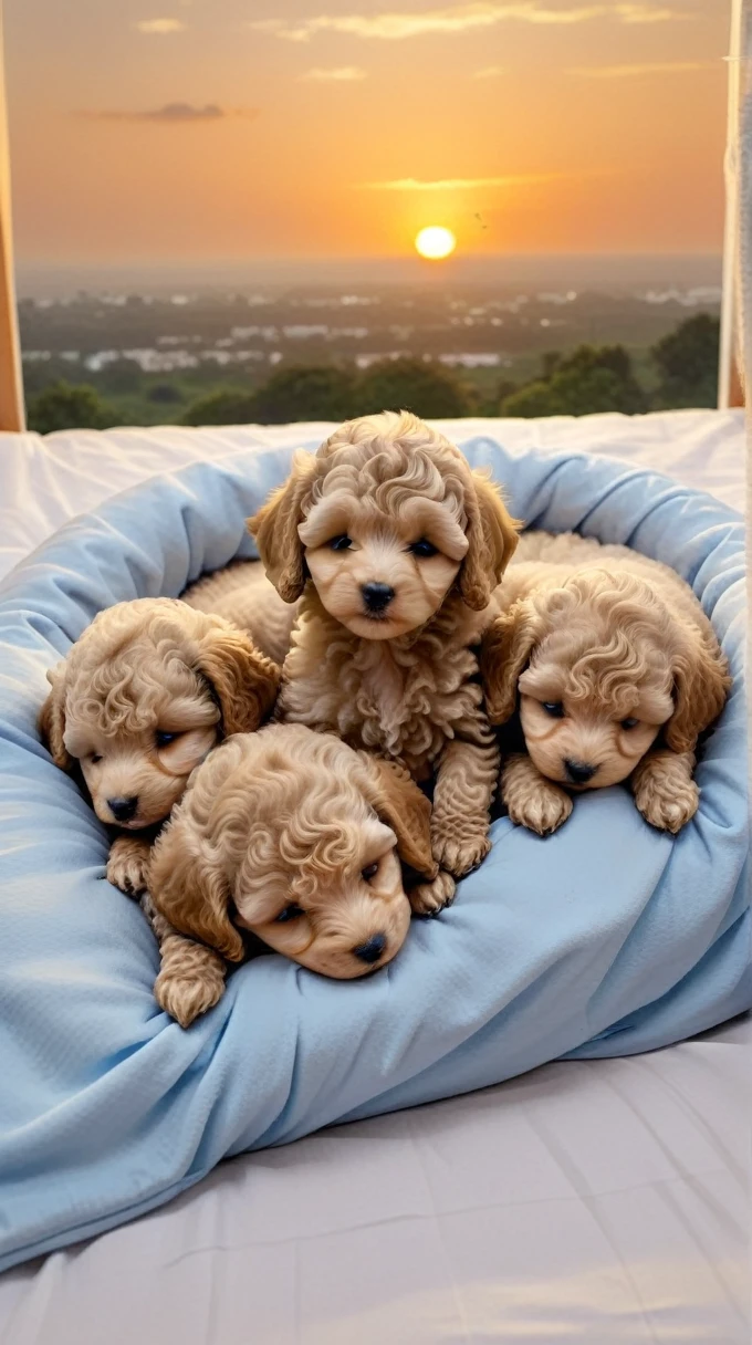With the sunset in the background,(masterpiece:1.2, high quality), Five toy poodle puppies sleeping snuggled up together in bed、