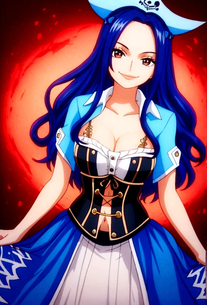 young woman pirate, cobalt blue wavy hair, brown eyes, wearing corset, skirt, smiling