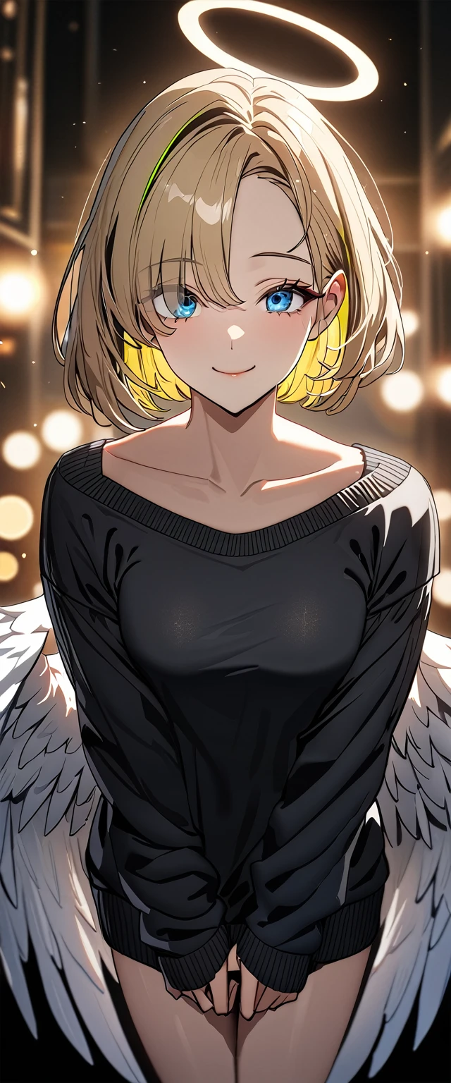 ((angel, big big white wings:1.3, halo:1.3)), (((cowboy shot))), ((flying)), archangel Uriel, ((wavy hair, outward curled hair)), evening, Sunset, ((blond hair, bob cut:1.3)), breasts, teenager, (looking at viewer), oversized clothes, puffy long sleeves, collarbone, ((off-shoulder sweater dress:1.3, Quite thick shoulder straps)), (((sleeves past wrists:1.3))), ((black sweater)), collarbone, head tilt:1.3, (((blue eyes))), ((happy smile)), (((anime style))), (best quality, 4K, 8K, highres, masterpiece:1.2, ultra-detailed, ultra-detailed eyes, HDR, uhd, studio lighting, ultra-fine painting, sharp focus, physically-based rendering, extreme detail description, professional, vivid colors, bokeh), ((Highest quality, Best image quality, Ultra-high resolution, Ultra-high resolution, solo, Strong eye highlights)), Depth of written boundary, Natural soft light, attractive, Beautiful Face, Cleanliness, Pure Face, medium chest, Beautiful Face, Perfect Fingers, Perfect hands, Perfect body, Perfect Face, Shine a light into your eyes, Perfect Anatomy
