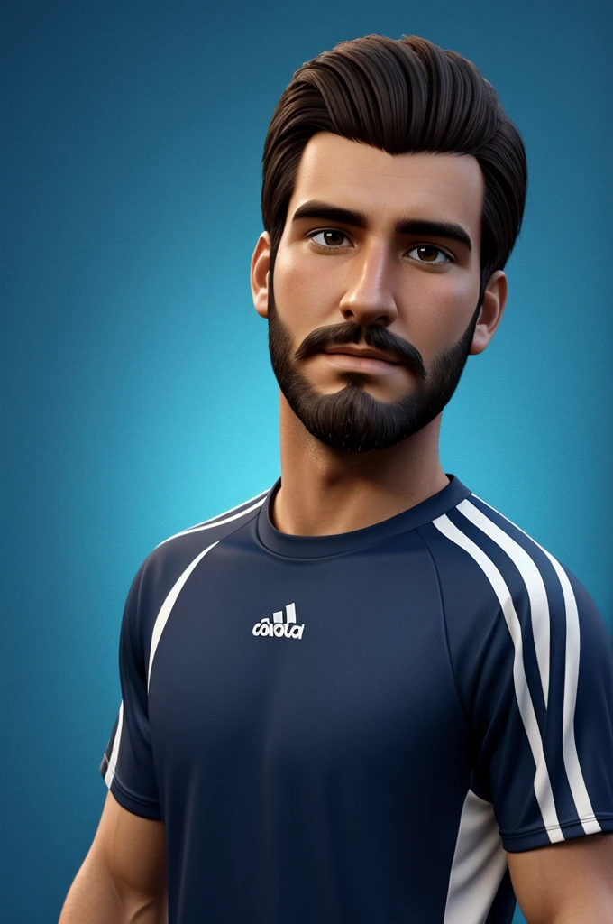 Create Pixar style animation, of a dark man, 25 year old young man, Delgado, padel player and psychologist. with short beard, no mustache.