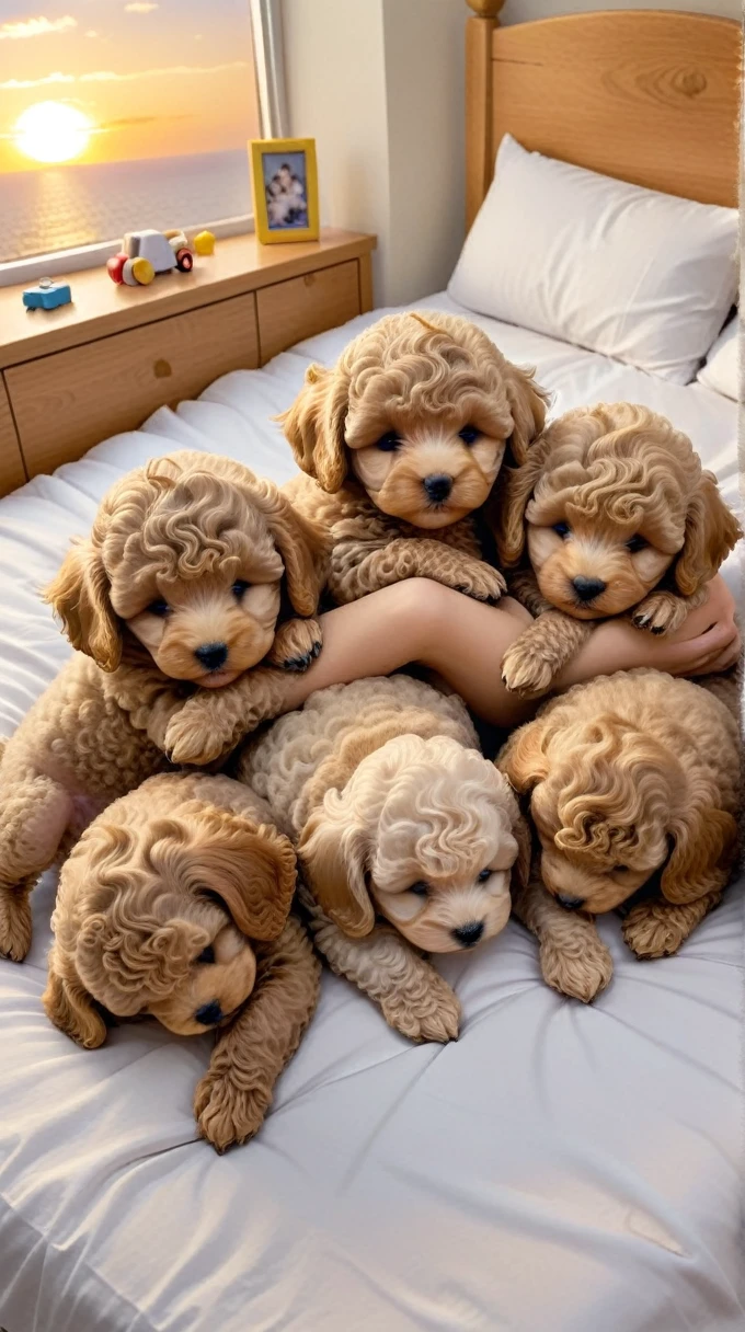 With the sunset in the background,(masterpiece:1.2, high quality), Five toy poodle puppies sleeping snuggled up together in bed、