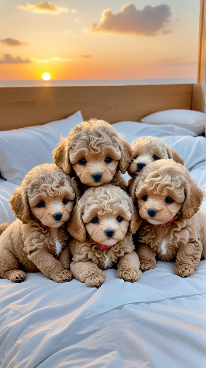 With the sunset in the background,(masterpiece:1.2, high quality), Five toy poodle puppies sleeping snuggled up together in bed、