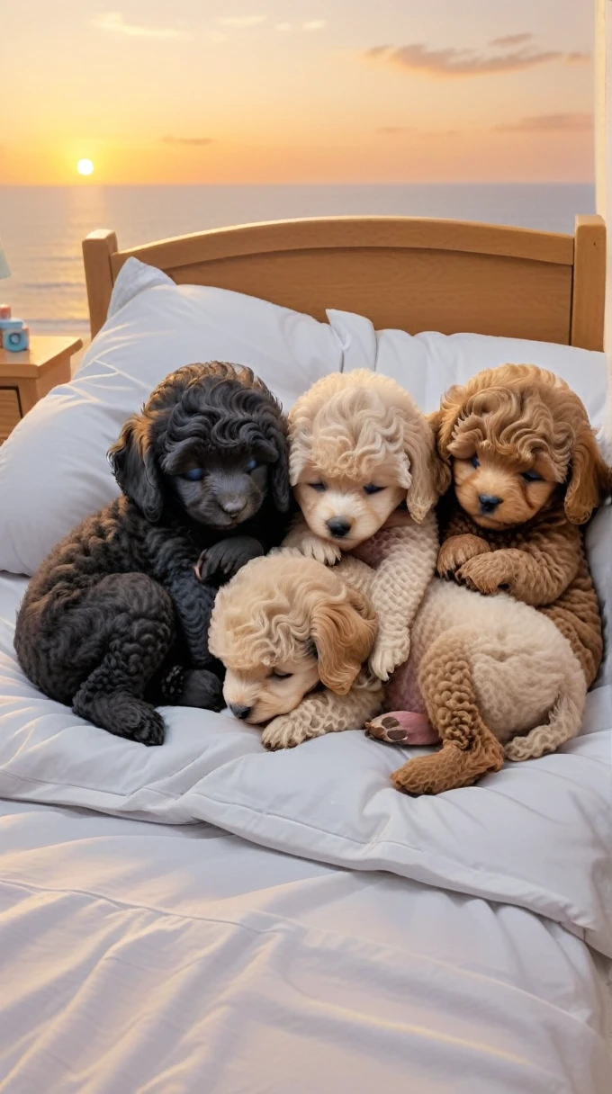 With the sunset in the background,(masterpiece:1.2, high quality), Five toy poodle puppies sleeping snuggled up together in bed、