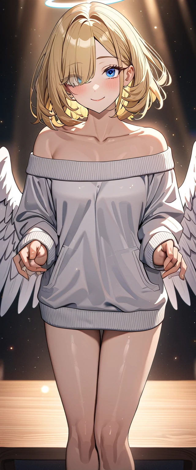 ((angel, big big white wings:1.3, halo:1.3)), (((cowboy shot))), ((flying)), archangel Uriel, ((wavy hair, outward curled hair)), evening, Sunset, ((blond hair, bob cut:1.3)), breasts, teenager, (looking at viewer), oversized clothes, puffy long sleeves, collarbone, ((off-shoulder sweater dress:1.3, Quite thick shoulder straps)), (((sleeves past wrists:1.3))), ((white sweater)), collarbone, head tilt:1.3, (((blue eyes))), ((happy smile)), (((anime style))), (best quality, 4K, 8K, highres, masterpiece:1.2, ultra-detailed, ultra-detailed eyes, HDR, uhd, studio lighting, ultra-fine painting, sharp focus, physically-based rendering, extreme detail description, professional, vivid colors, bokeh), ((Highest quality, Best image quality, Ultra-high resolution, Ultra-high resolution, solo, Strong eye highlights)), Depth of written boundary, Natural soft light, attractive, Beautiful Face, Cleanliness, Pure Face, medium chest, Beautiful Face, Perfect Fingers, Perfect hands, Perfect body, Perfect Face, Shine a light into your eyes, Perfect Anatomy