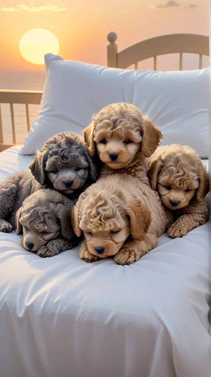 With the sunset in the background,(masterpiece:1.2, high quality), Five toy poodle puppies sleeping snuggled up together in bed、