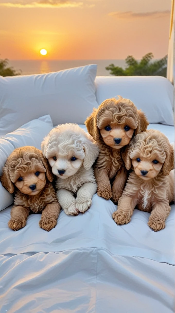 With the sunset in the background,(masterpiece:1.2, high quality), Five toy poodle puppies sleeping snuggled up together in bed、