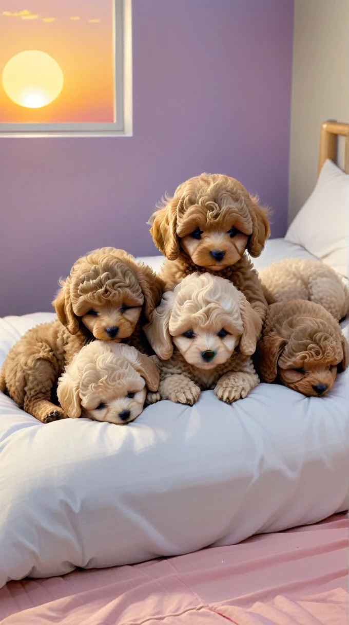 With the sunset in the background,(masterpiece:1.2, high quality), Five toy poodle puppies sleeping snuggled up together in bed、