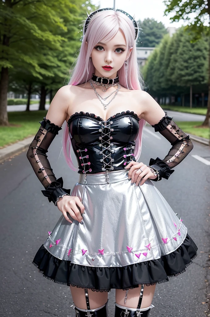 sexy stylish Swedish model, only 1 female, ((doll-like appearance)), long neon pink stylish hair, ((shiny Punk-Style boots)), (happy smile), ultra detailed eyes, Punk makeup, lipgloss, ((sexy Punk ta cosplay)), unconventional skirt, petticoats, high neckline, ((ultra detailed lace)), ((ultra detailed embroidery)), intricate details, tartan patterns, (silver chains), (silver spikes), (safety pins), Punk Loliccessoires, Punk Lolita cr, ((large sparkling Punk Lolita jewel, cinematic light, detailed large park background with trees