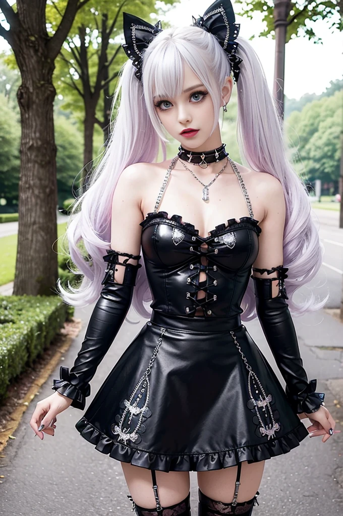 sexy stylish Swedish model, only 1 female, ((doll-like appearance)), long neon pink stylish hair, ((shiny Punk-Style boots)), (happy smile), ultra detailed eyes, Punk makeup, lipgloss, ((sexy Punk Lolita cosplay)), unconventional skirt, petticoats, high neckline, ((ultra detailed lace)), ((ultra detailed embroidery)), intricate details, tartan patterns, (silver chains), (silver spikes), (safety pins), Punk Lolita accessoires, Punk Lolita choker, ((large sparkling Punk Lolita jewelry)), cinematic light, detailed large park background with trees
