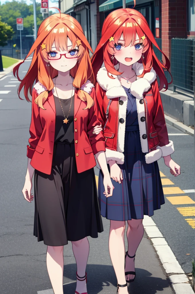itsukinakano, itsuki nakano, One Girl,bangs, blue eyes, Hair between the eyes, Ahoge, Redhead, star \(symbol\), hair ornaments, star hair ornaments,Glasses,smile,blush,Open your mouth,Red jacket, (Checked fur jacket: 1.2), Checked skirt, Heeled Sandals, necklace, Handbags, Earrings,Walking,Daytime,Clear skies,whole bodyがイラストに入るように,
break outdoors, ビル街
break looking at viewer, whole body,
break (masterpiece:1.2), Highest quality, High resolution, unity 8k wallpaper, (figure:0.8), (Beautiful attention to detail:1.6), Highly detailed face, Perfect lighting, Highly detailed CG, (Perfect hands, Perfect Anatomy),