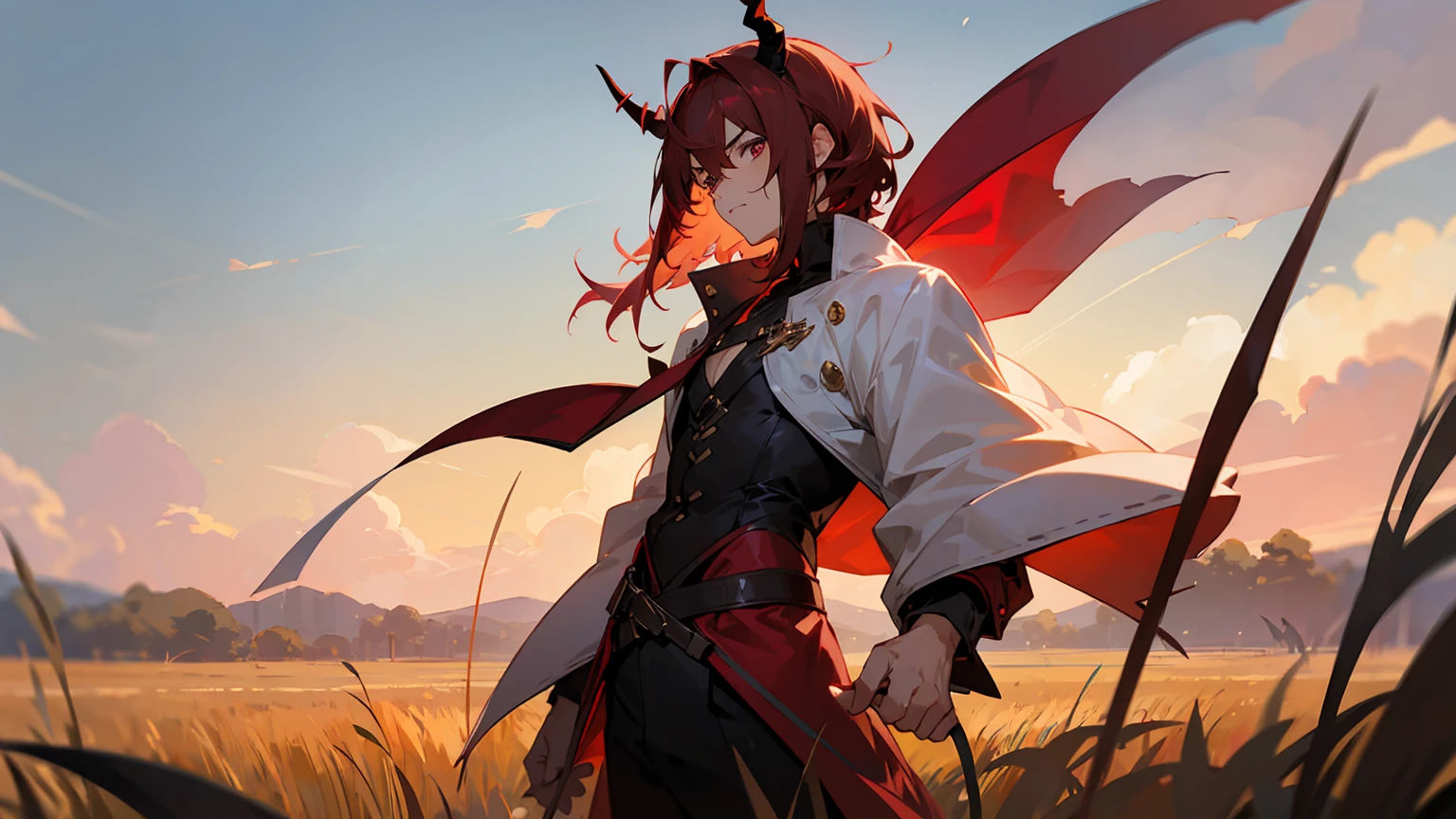 1male, Male, Short Maroon Fluffy Hair, Hazel Eyes, Perfect Generation, Masterpiece Quality, serious expression, Standing in a Field, Demon Horns