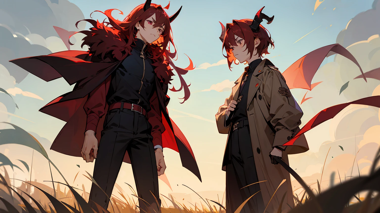 1male, Male, Short Maroon Fluffy Hair, Hazel Eyes, Perfect Generation, Masterpiece Quality, serious expression, Standing in a Field, Demon Horns