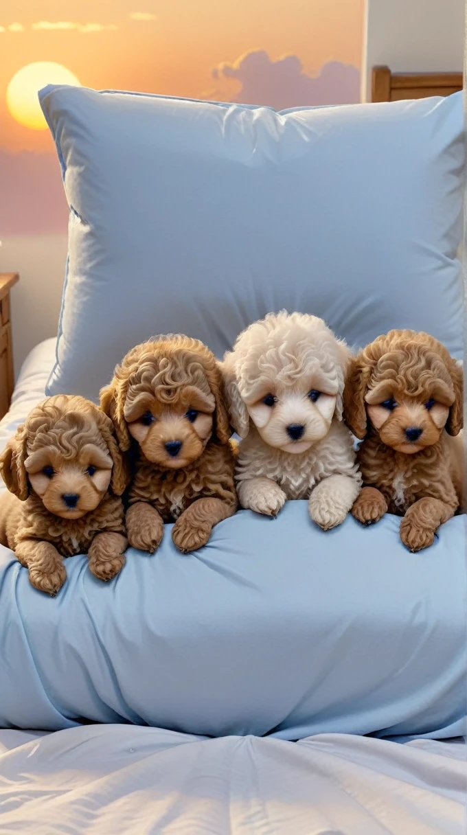 With the sunset in the background,(masterpiece:1.2, high quality), Five toy poodle puppies sleeping snuggled up together in bed、