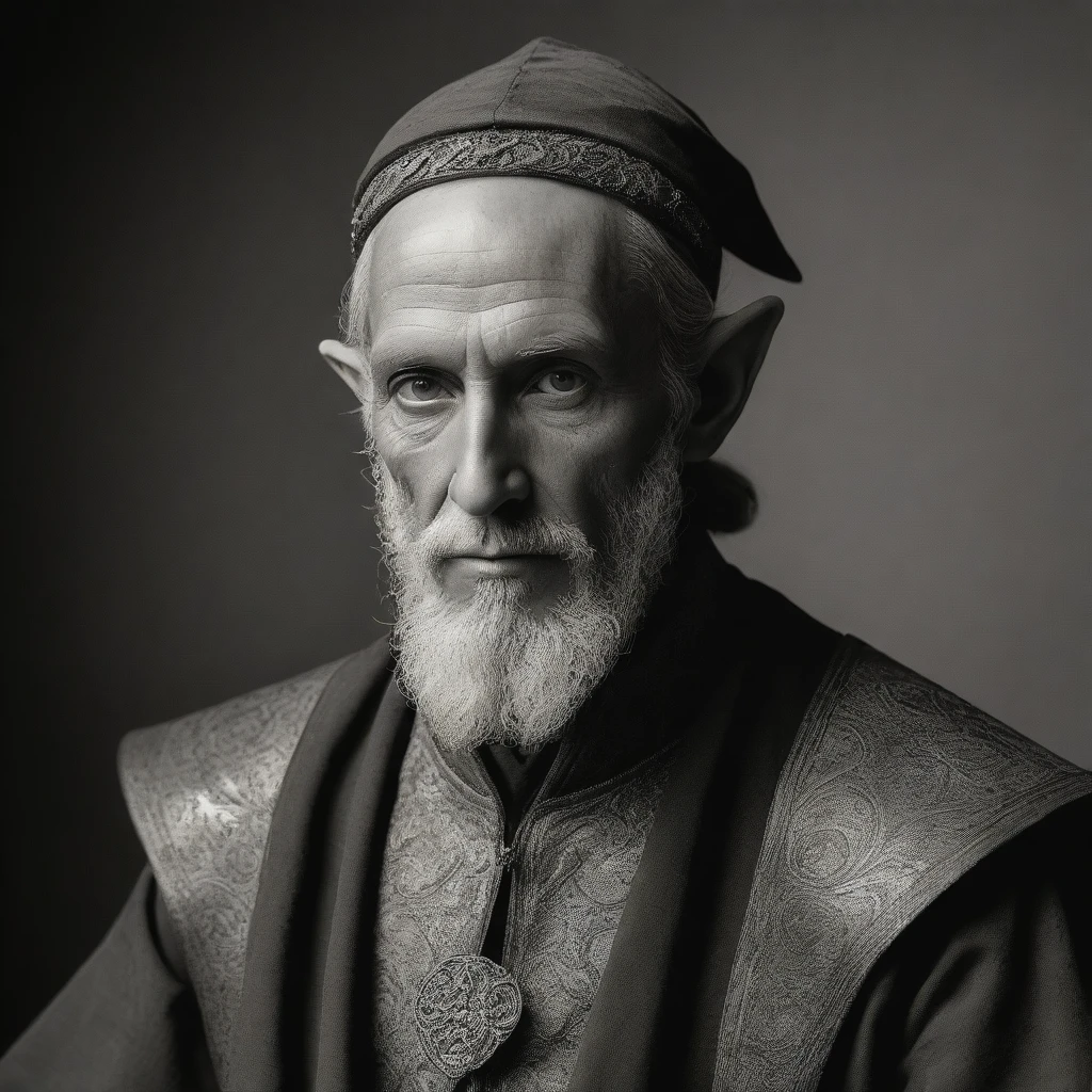 (((Masterpiece, daguerreotype on old paper, monochrome))), by Moebius, by Théodore Géricault, the composition is: ((25 year old male Babylonian high elf scientist, elf ears, Mesopotamian beard, sullen, arrogant, magnificent, he is wearing futurist brass art déco costume)).
