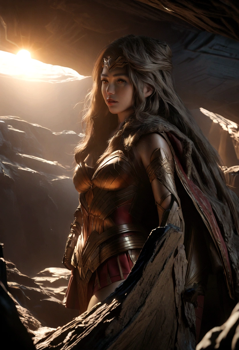 scene from the film, DC Wonder Woman Close-Up, Distorted Space, Distorted undead in the background, lens flares, light axes, details Intricate, highy detailed, volumetric lighting, 4k rendering, photoshot, hyperrealisti, lifelike textures, dramatic lighting, engine unreal
