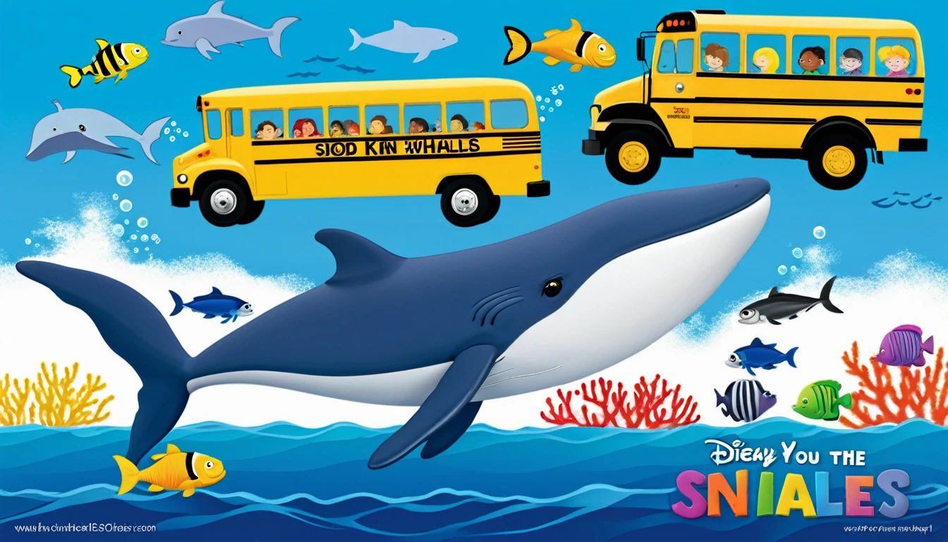 Create a 3-D Pixar style art scene for s featuring a blue whale swimming beside three school buses for size comparison. The scene should be colorful and vibrant, with an ocean background, coral reefs, and schools of fish. The text 'Did you know? Whales are the biggest animals on Earth!' should be prominently displayed. The overall mood should be engaging and inviting for young chi.