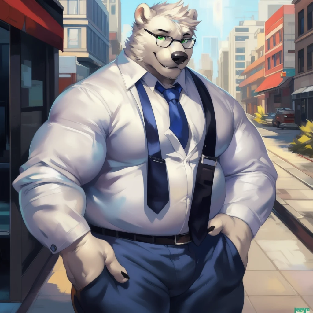 By mystikfox61, by glitter trap boy, by juiceps, by darkgem, solo, male, polar bear, white fur, green eyes, detailed eyes, detailed hands, muscular,obesefat overweight, musclegut, big biceps, smiling, glasses, wearing a full suit and tie, standing, street, outside, wonderful day out