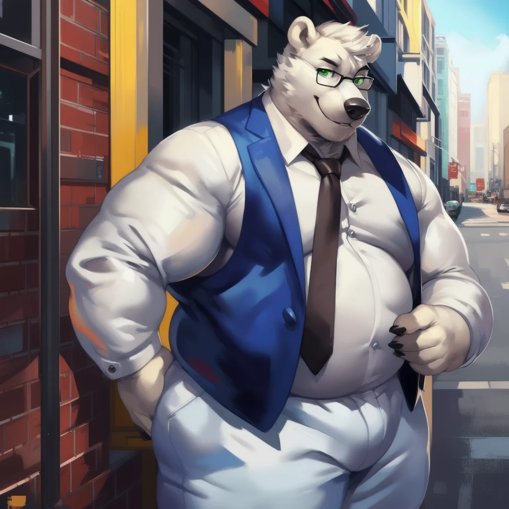 By mystikfox61, by glitter trap boy, by juiceps, by darkgem, solo, male, polar bear, white fur, green eyes, detailed eyes, detailed hands, muscular,obesefat overweight, musclegut, big biceps, smiling, glasses, wearing a full suit and tie, standing, street, outside, wonderful day out