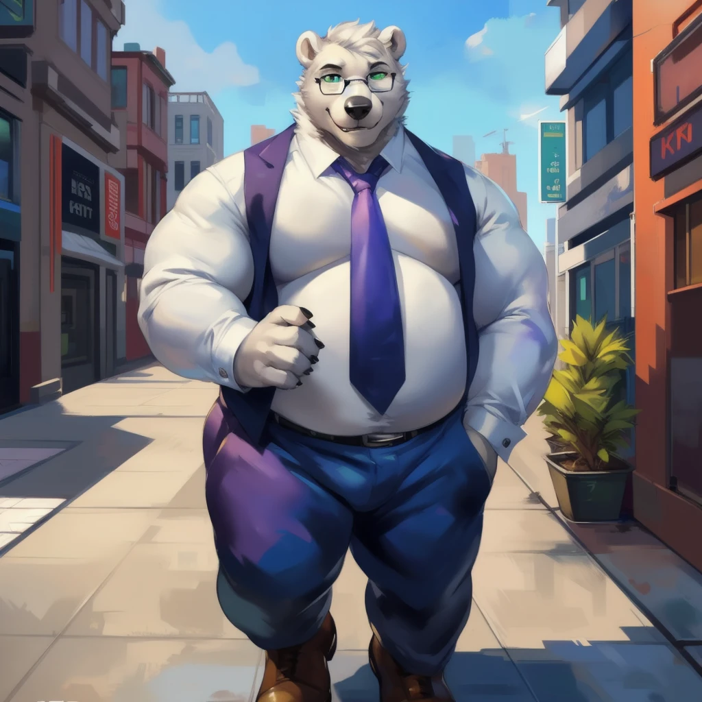 By mystikfox61, by glitter trap boy, by juiceps, by darkgem, solo, male, polar bear, white fur, green eyes, detailed eyes, detailed hands, muscular,obesefat overweight, musclegut, big biceps, smiling, glasses, wearing a full suit and tie, standing, street, outside, wonderful day out