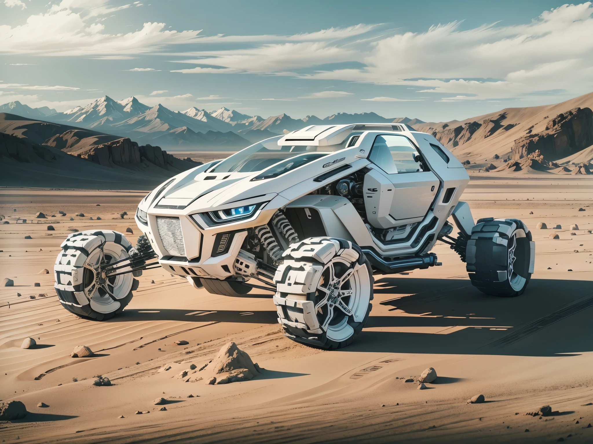 amazing awesome futuiristic sci fi exploration rover , amazing lighting, Pure white technology style, varying styles, exterior shot taken in scenic environment, exo skeleton frame with glass