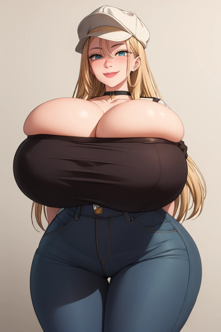 Tsunade Senju, 1 girl, ((bimbo))), long and blond hair, cute smile face, swollen lips, Painted lips, thick lips, Wide hips, thick thighs, huge ass, longing for expensive lust , huge huge natural breasts, neckline, mature mother, High Waist Jeans, white cap, extending both arms