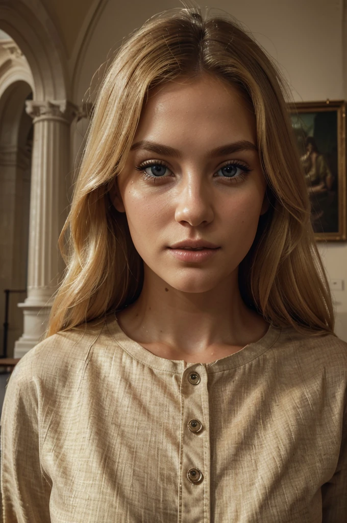 a beautiful blonde woman, beautiful golden blonde hair, detailed eyes, beautiful detailed lips, perfect body proportion, extremely detailed face, long eyelashes, in a museum, wearing a basic outfit, wearing a jean and a t shirt and a jacket north face, (best quality,4k,8k,highres,masterproject:1.2),ultra-detailed,(realistic,photorealistic,photo-realistic:1.37),museum interior, classical architecture, dramatic lighting, intricate details, museum artifacts, elegant pose, flawless skin, fashion portrait